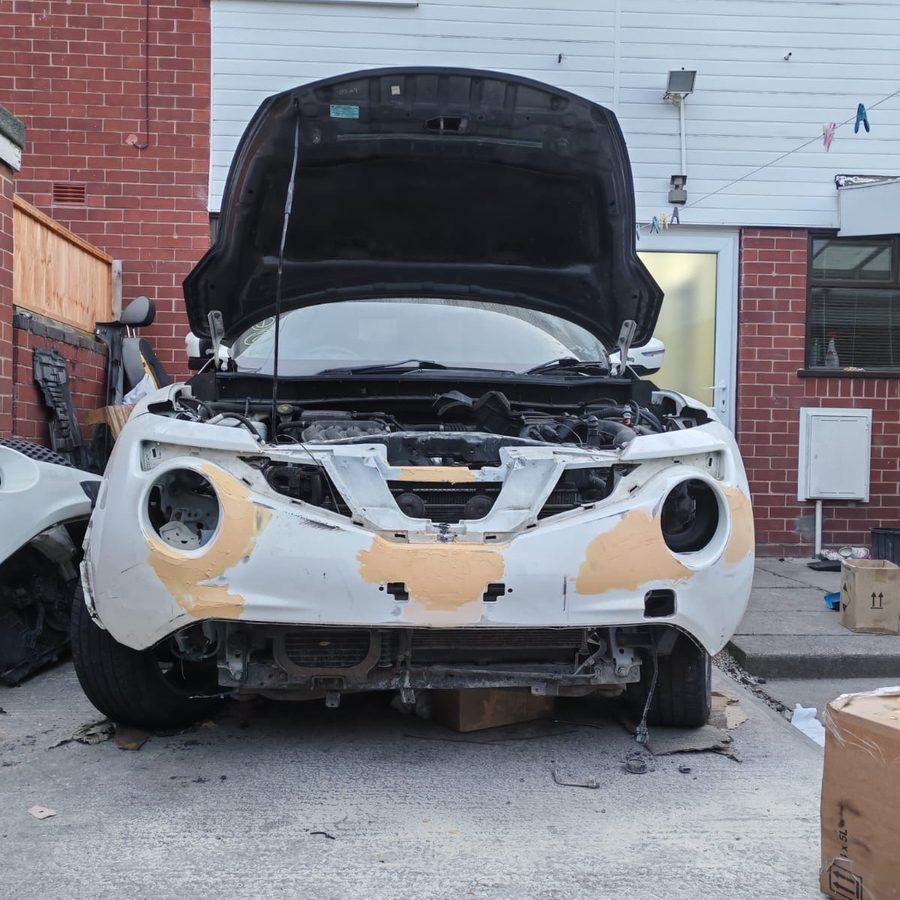 Front panel stripped and filler worked into the repaired sections